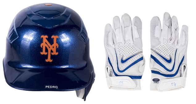 Pedro Martinez Lot of (2) Game Used New York Mets Batting Helmet & Batting Gloves (MLB Authenticated, Mets-Steiner, JT Sports)
